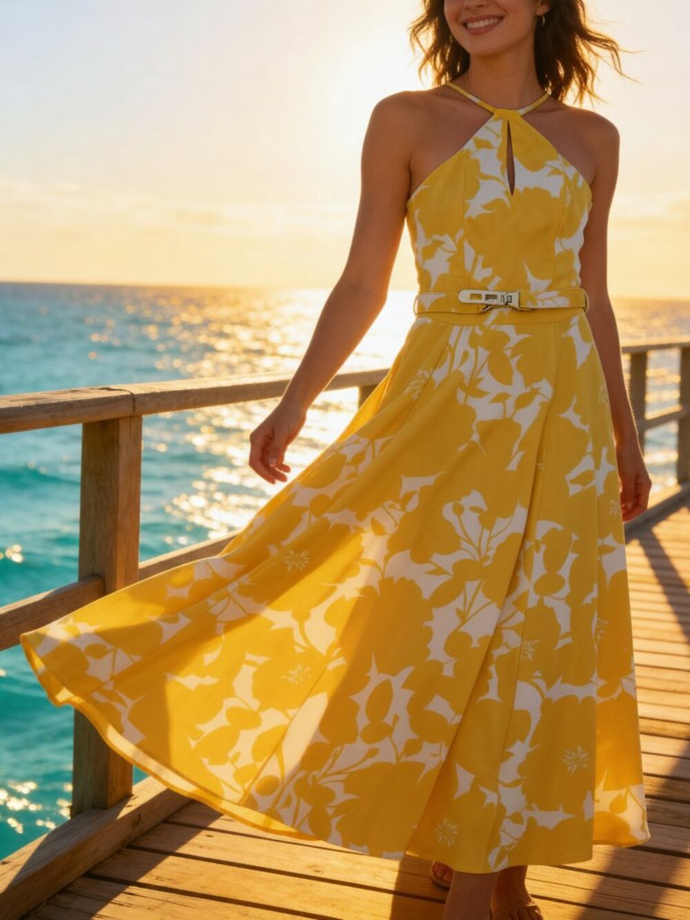 Marciano Yellow White Floral Halter Maxi Dress Belted Size S